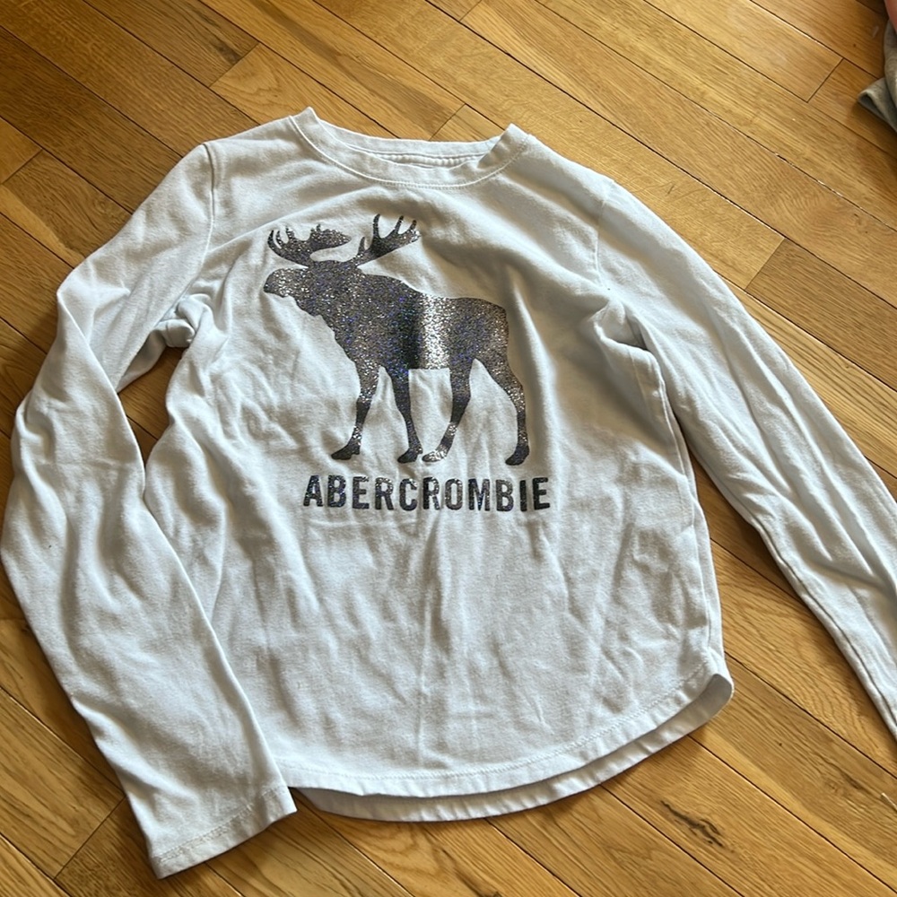 White Abercrombie long sleeves glitter iridescent logo with moose t-shirt